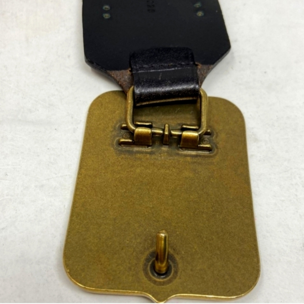 Ralph Lauren Black Leather Belt with Wide Gold Buckle Adorned With Celtic Crown. - Picture 3 of 13